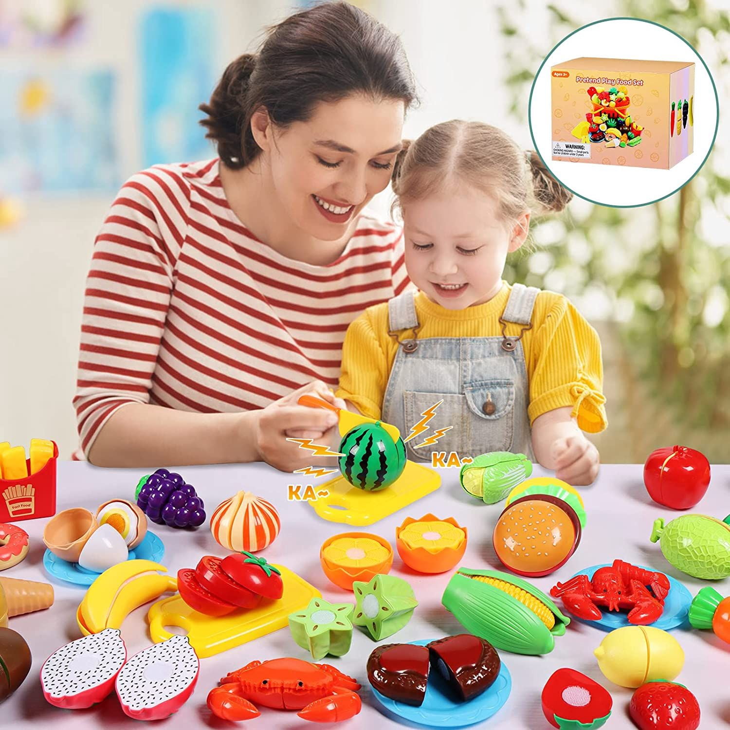 Bmag 88pcs Cutting Play Food Sets for Kids, Pretend Play Kitchen Toys Accessories Educational Toy Food with Storage Basket