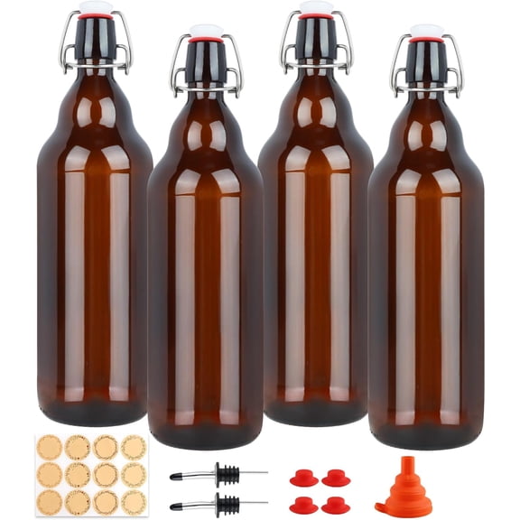Amber Swing Top Glass Bottles 32 oz, 4 Pack Flip Top Bottles with Airtight Stopper for Home Brewing, Kombucha, Beer, Kefir, Beverages