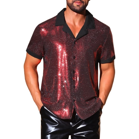 INSPIRE CHIC Men's Metallic Sequins Camp Collar Button Down Short Sleeve Shiny Shirt M Red