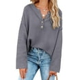 thumbnail image 4 of HSHDLDF Women's Oversized Sweaters Batwing Long Sleeve Loose V Neck Button Henley Tops Pullover Knit Jumper, 4 of 5