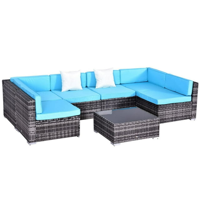 Outsunny 7 Pieces Patio Furniture Set with Cushions, PE Rattan Outdoor Conversation Set, Sectional Furniture Sofa Set with Glass Top Coffee Table and Pillows, for Garden, Lawn, Deck, Sky Blue