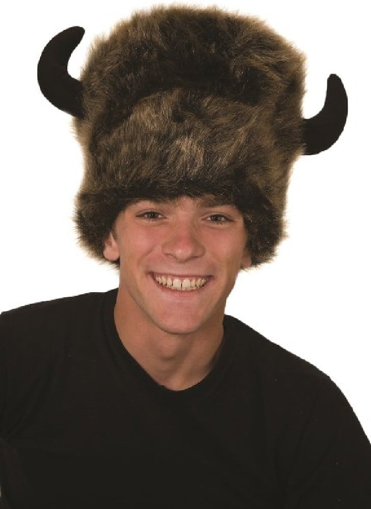 ADULT TAN WATER BUFFALO FURRY LODGE COSTUME HAT WITH HORNS VIKING WARRIOR BULL 