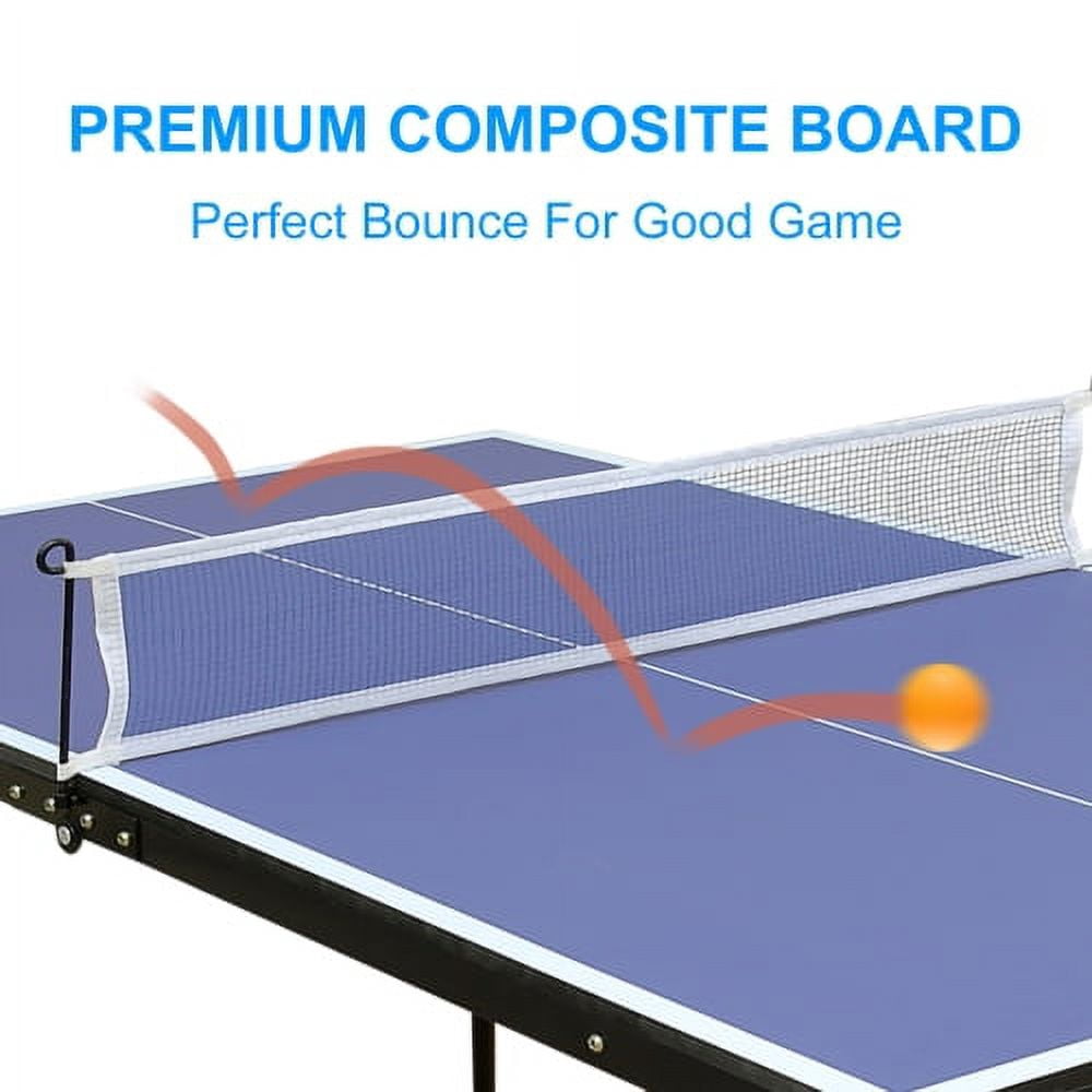 Lueco Mid-Size Table Tennis Table Game Set, Folding Indoor Outdoor Ping Pong Table for Rec Room w/ 2 Paddles, 3 Balls, Net, Carrying Bag, Adjustable Feet