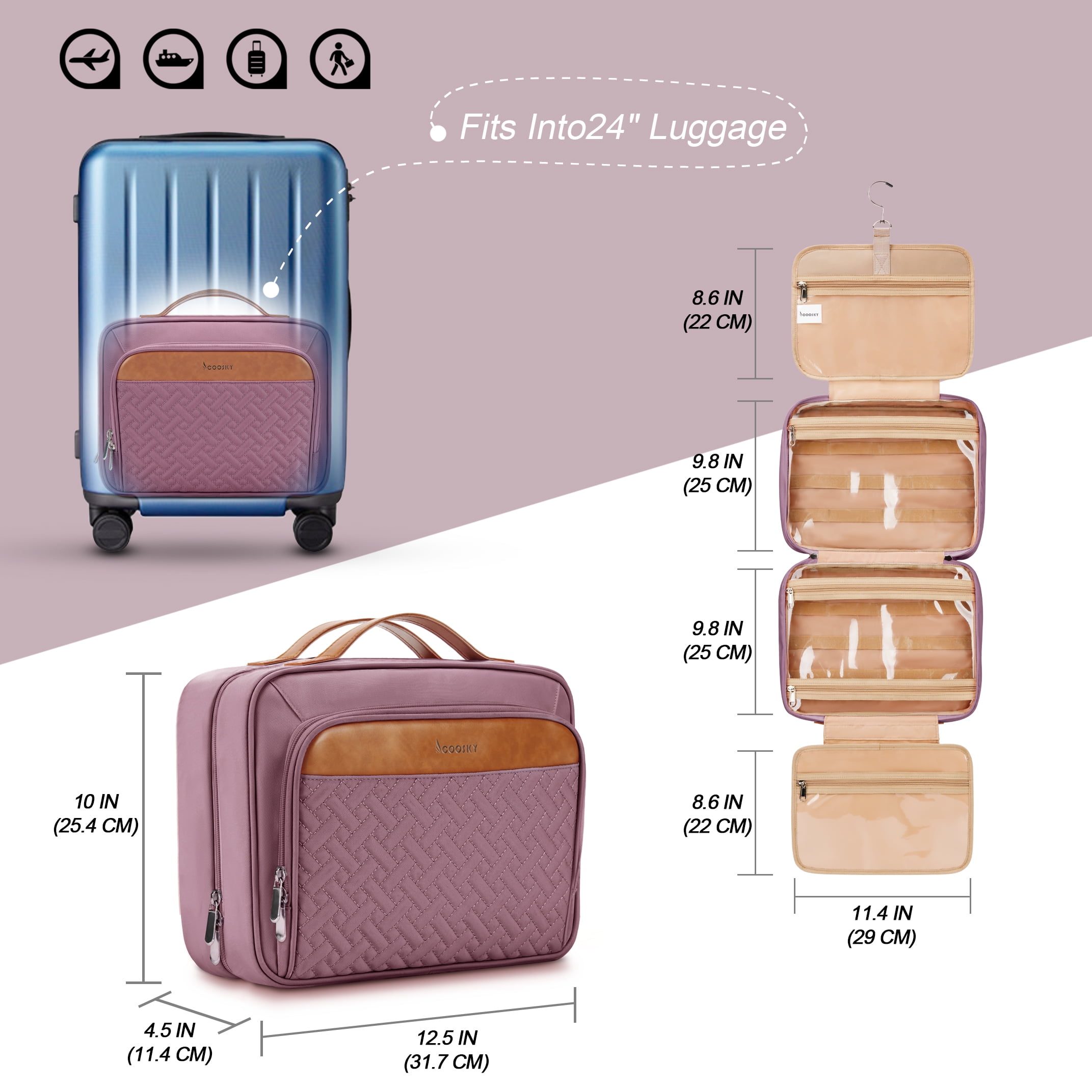 Travel Hanging Toiletry Bag for Women, Extra Large Makeup Bag, Holds Full-Size Shampoo, with Jewelry Organizer Compartment, Waterproof Cosmetic Bag, Toiletries Kit Set with Trolley Belt, Dark Purple