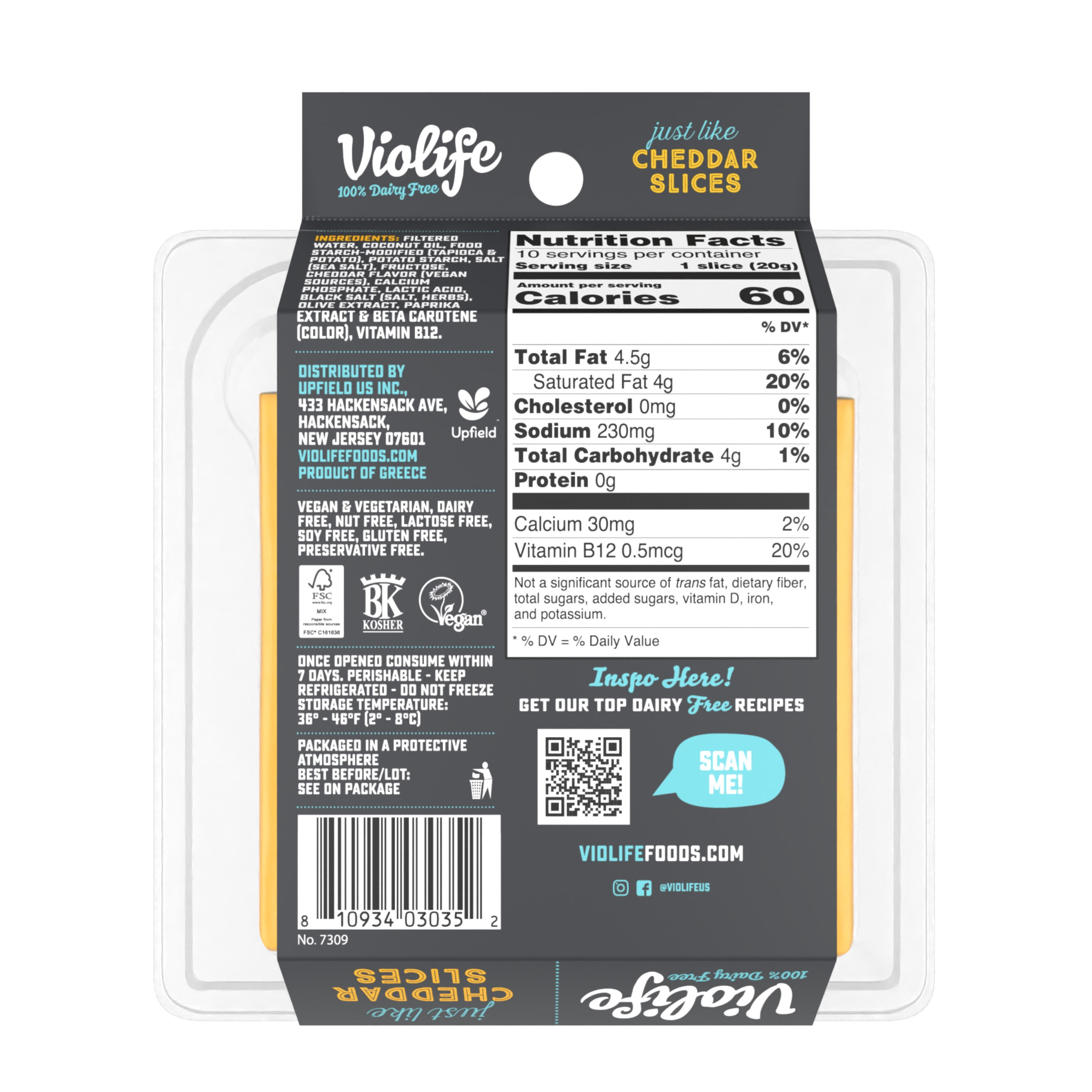 Violife Just like Cheddar Slices, Dairy-Free Vegan, 7.05 oz Pack (Refrigerated)