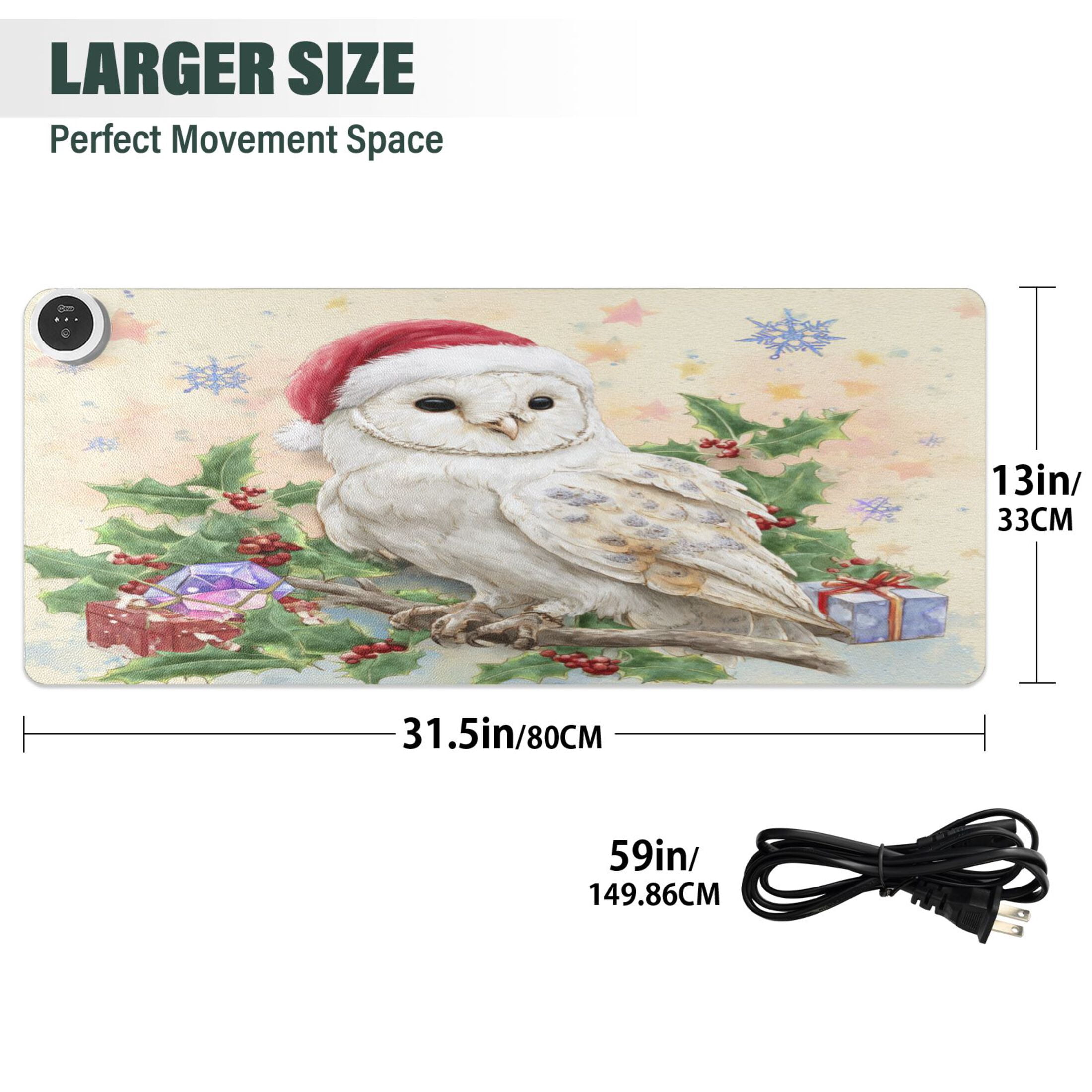 Large Heated Desk Mat Mouse Pad 31.5"x13"PU Leather Graphene Heating Desk Warmer with 3 Temperature Settings 110V US Plug Non-Slip Warm Pad for Home, Office, and Gaming Christmas Cute White Owl