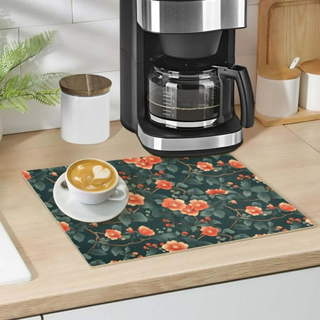 

Red Flower and Green Leaf Dish Drying Mat 12 x18 Kitchen Counter Dish Pad Microfiber Absorbent Drainer Rack for Coffee Bar