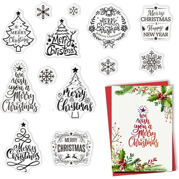 13PCS Merry Christmas Tree Clear Stamps Transparent Rubber Stamps Seal Snowflake Xmas Blessing Words for Card Making Decoration DIY Scrapbooking Embossing Album Craft Supplies White