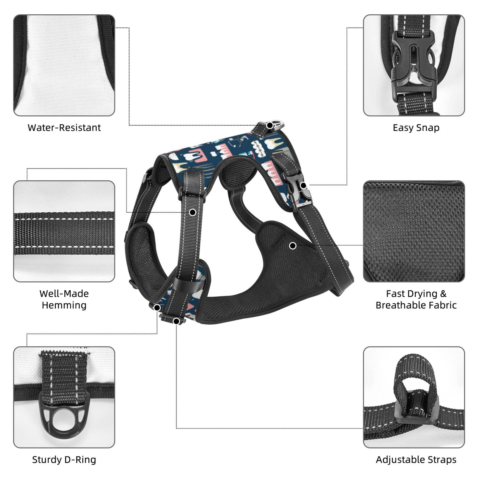 Fuzoiu Dental Print Reflective Dog Harness,Adjustable, Breathable Pet Vest,Dog Harness No Pull,No Choke Pet Vest for Small, Medium, and Large Dogs-Small