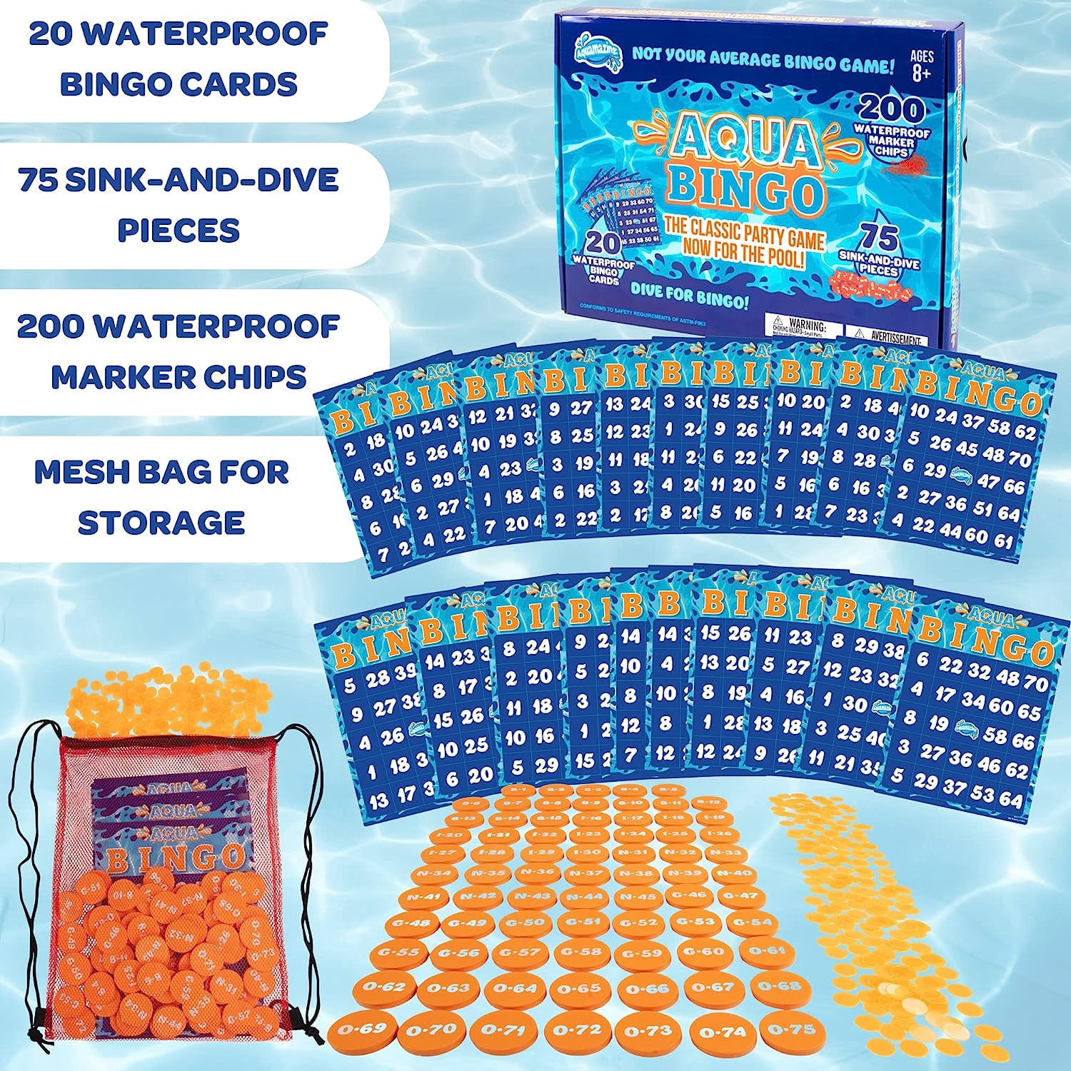 Aquamazing Aqua Bingo Waterproof Unisex Pool Diving Set, Plastic, Orange, 12.24"