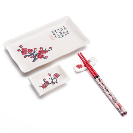 - 4 Pcs Japanese Sushi Plate Dinnerware Set White With Plum Blossom Design