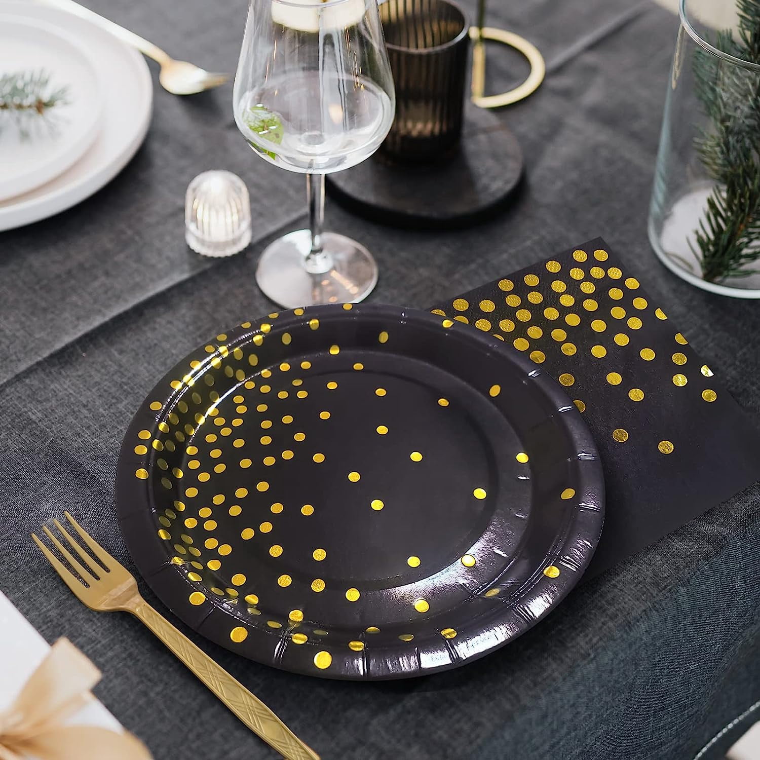 Black and Gold Party Supplies,Black Paper Dessert Plates,100 Pack - 50 x 9" and 50 x 7" Dinner Plates,Disposable Dinnerware Gold Dot Paper Plate for Birthday Retirement Anniversary Party