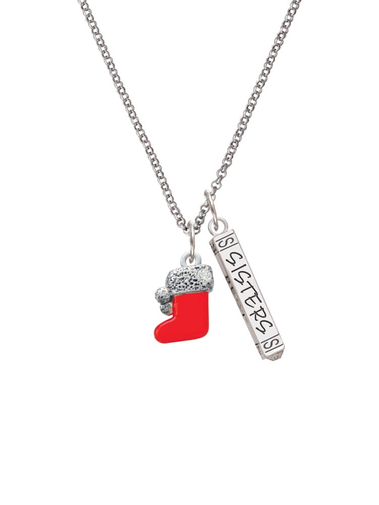 Delight Jewelry Silvertone 3-D Red Christmas Stocking Silvertone Sisters Best Friends Forever Bar Charm Necklace, 23"