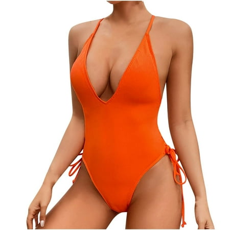Xfvqtps Womens One Piece Swimsuit High Cut with Drawstring Back Cross Straps Deep V Neck Spaghetti Strap Tummy Control Solid Color Beach Summer Monokini Thong Swimsuit Orange