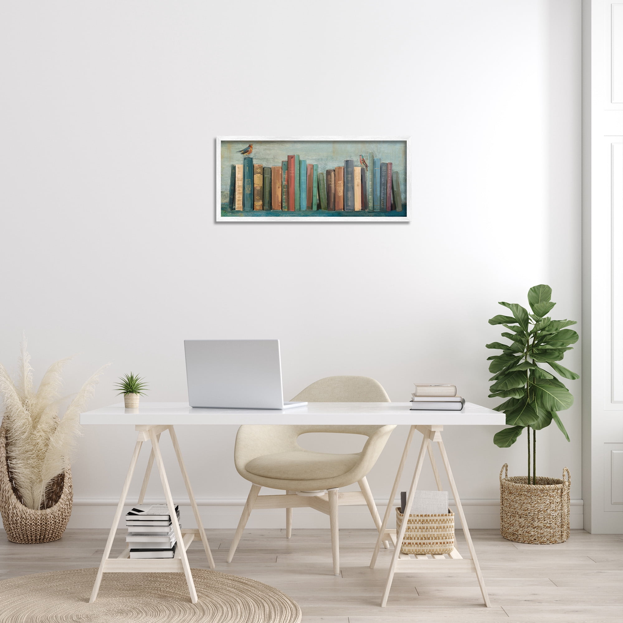 Stupell Industries Books And Birds Bookshelf Painting Animals & Insects Painting White Framed Art Print Wall Art, 30 x 13