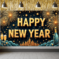 thumbnail image 5 of Gold Lettering Happy New Year Banner Firework Design New Year Display Star Pattern Champagne Elements Festive Backdrop for New Year Party Holiday Celebration Indoor Decoration, 5 of 9