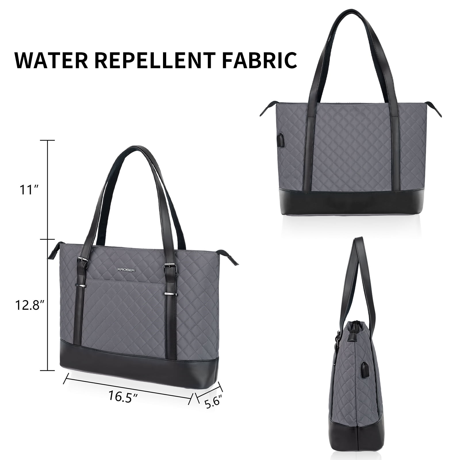 KROSER 15.6-Inch Laptop Tote Bag Polyester Quilt Gray
