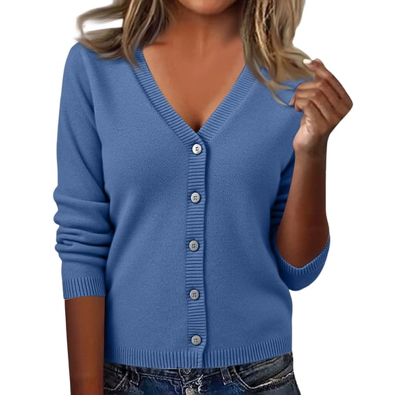 Domzest Womens Lightweight Cardigan V Neck Button Down Long Sleeve Knit Sweater Fall Casual Soft Basic Knit Cardigan Sweater Dark Blue M