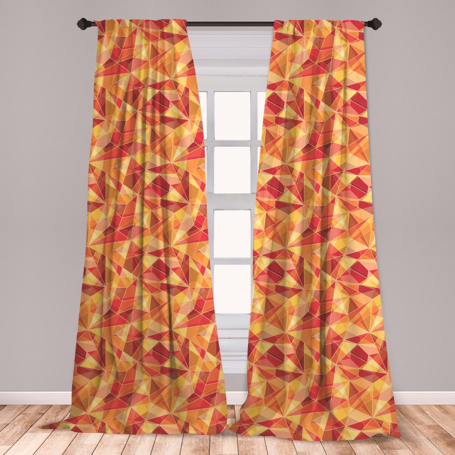 Abstract Curtains 2 Panels Set, Mosaic Pattern with Fractal Triangle