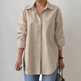 thumbnail image 2 of Women's Button up Tunic Shirt Classic Lapel Long Sleeve Tees with Pockets Wrinkle-Free Solid Work Blouse Plus Size(Khaki,L), 2 of 5