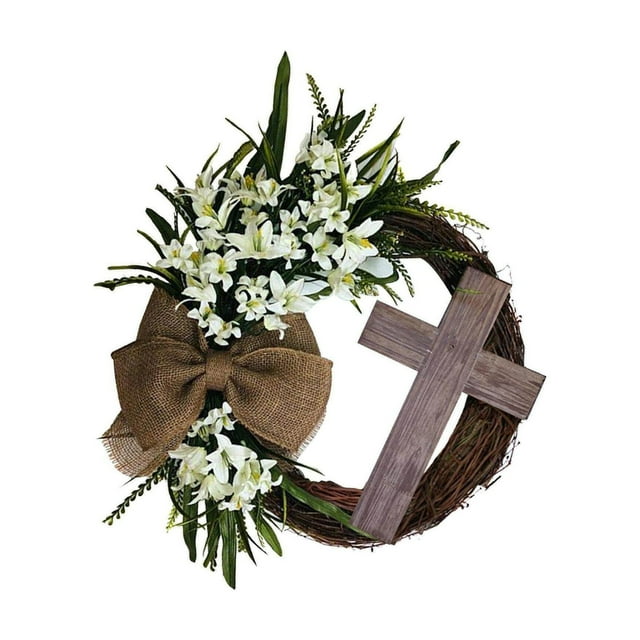 Round Easter Door Wreath with Cross with Burlap ornaments easter wreath Home Front Door Decor Rustic