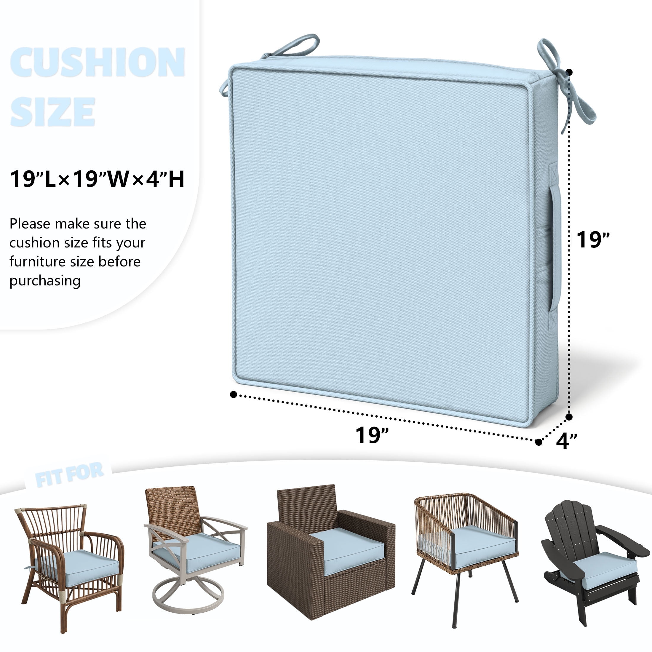 Kimunuk 4 Pack Outdoor Chair Cushions, 19" x 19" Waterproof Outdoor Seat Cushions Couch Pads with Ties & Handle for Patio Furniture, Sky blue