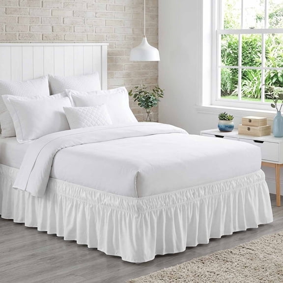 Bed Skirt Solid Color Adjustable Elastic Wrap-Around Dust Ruffle with White 18 Inch Drop, Bed Frame Cover for Queen Size Bed