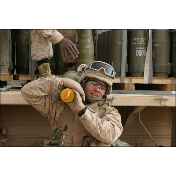 24"x36" Gallery Poster, U.S. Marine carries 155mm howitzer round Baghdad, Iraq, 2007