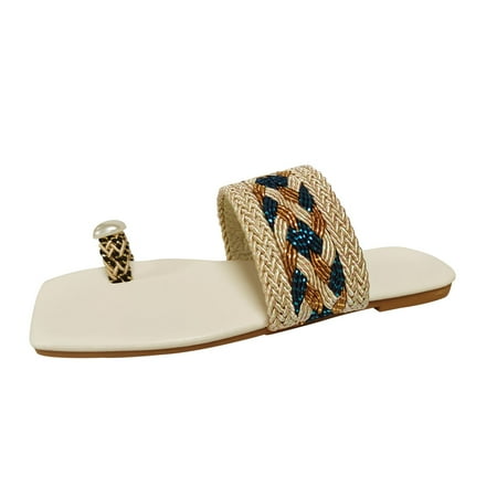 

WANYNG Ladies Shoes Summer Slippers Fashion Pearl Ethnic Style Thong Flat Slippers Summer Indoor Slippers for Women Slipper Women Grippers