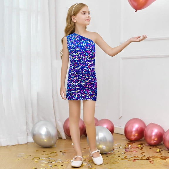 OOOUM Girls Sleeveless Dresses Leopard Print Sequin Sundress One Shoulder Fashionable Summer Outfits For Kids Blue 9-10 Years