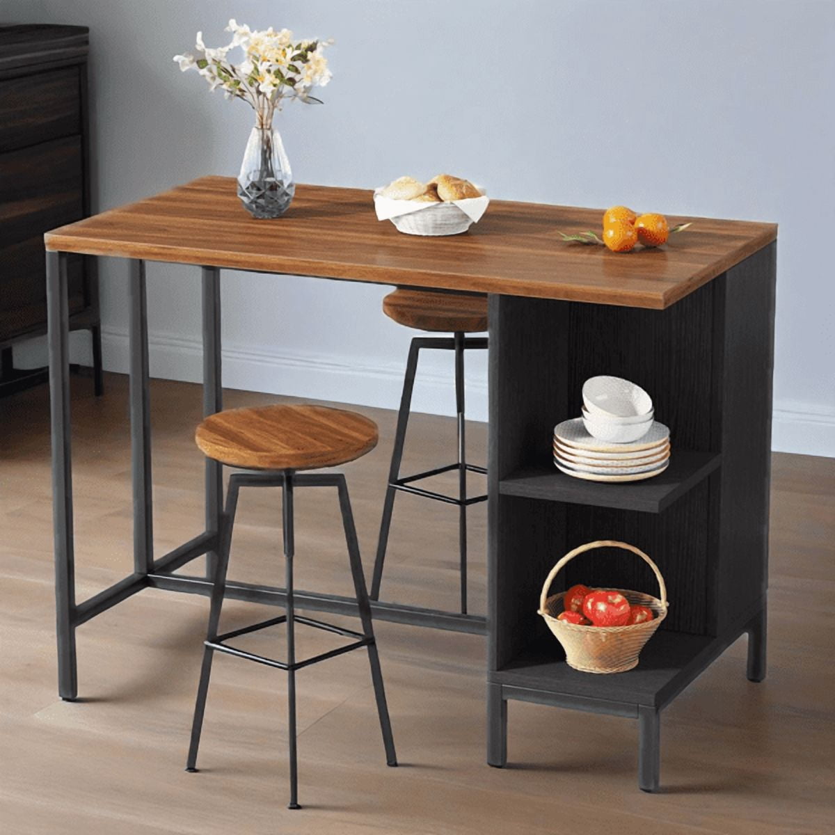 Kitchen Island Table w/ 5 Open Shelves & Walnut Top - Freestanding Prep Station w/ Adjustable Feet for Small Spaces, Rustic Storage Solution