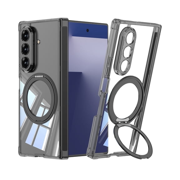 ELEHOLD Case for Samsung Galaxy Z Fold 7, Transparent Shockproof Hinge Phone Case with Rotating Stand, Wireless Charging,Black