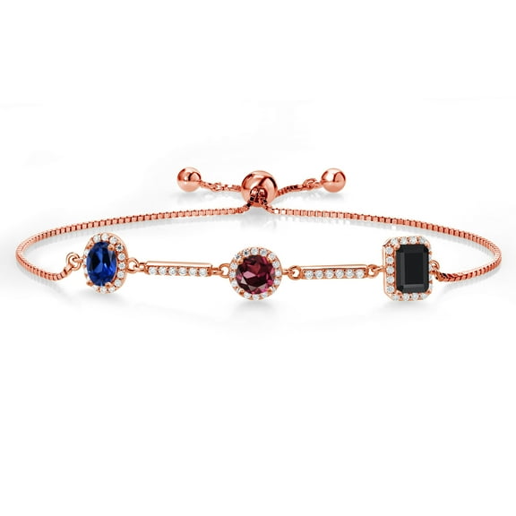Gem Stone King 1.76 Ct Blue Created Sapphire Red Rhodolite Garnet 18K Rose Gold Plated Silver Bracelet for Women