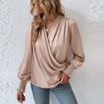 thumbnail image 6 of XFLWAM Women's Satin Silky Cowl Neck Tops Draped Wrap V Neck Ruched Front Long Sleeve Blouse Solid Color Shirt with Smocked Cuff Beige M, 6 of 7