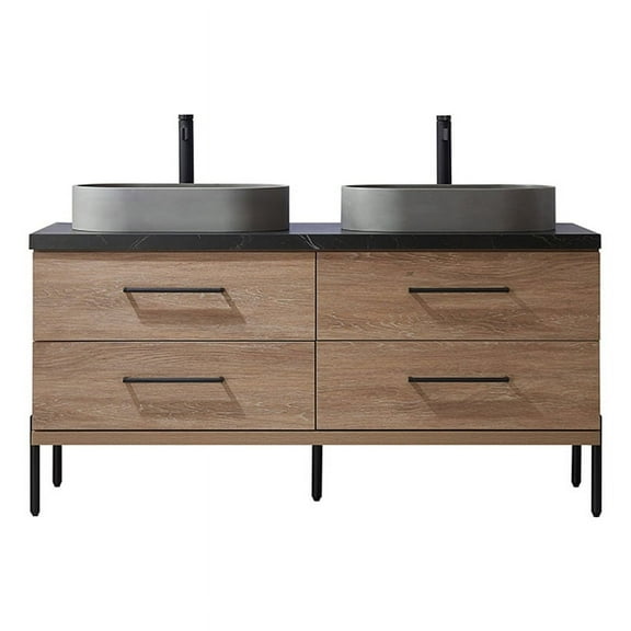 Trento 60" Double Sink Bath Vanity in North American Oak w/ Black Sintered Stone
