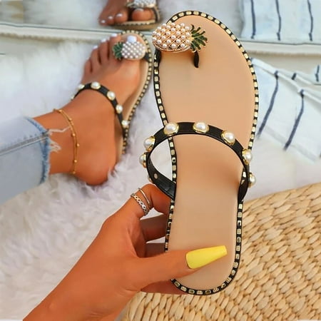 

Sandals For Women Pearl Casual Slippers Ladies Sandals Fashion Slippers Flat Shoes Bohemian Style Beach Shoes Lace up Sandals for Women Low Heel Womens Knit Flats Flat Heel Sandals Women Wide Sandals