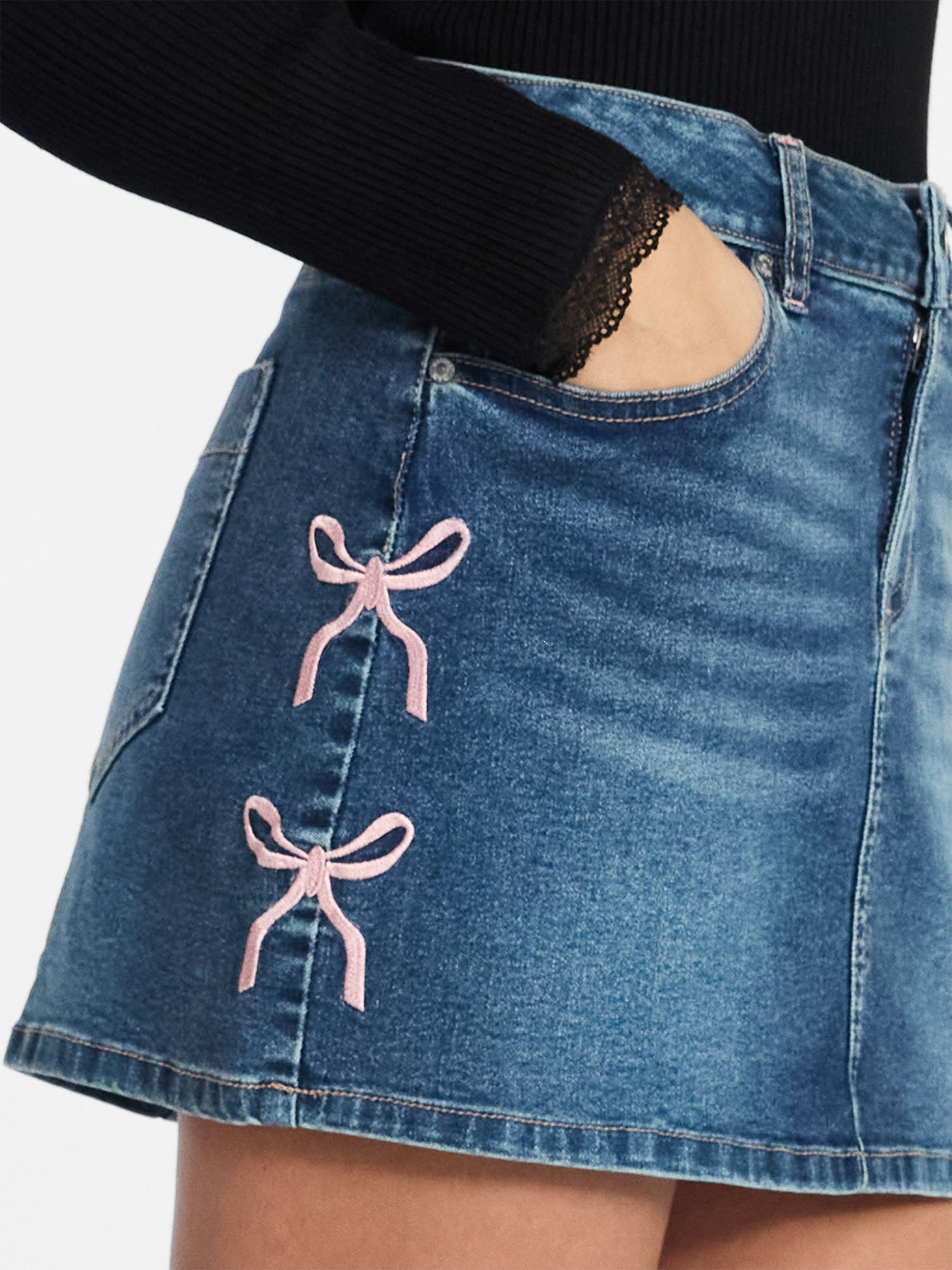 Madden NYC Women's Embroidered Bow Denim Skirt, Sizes XXS-XXL