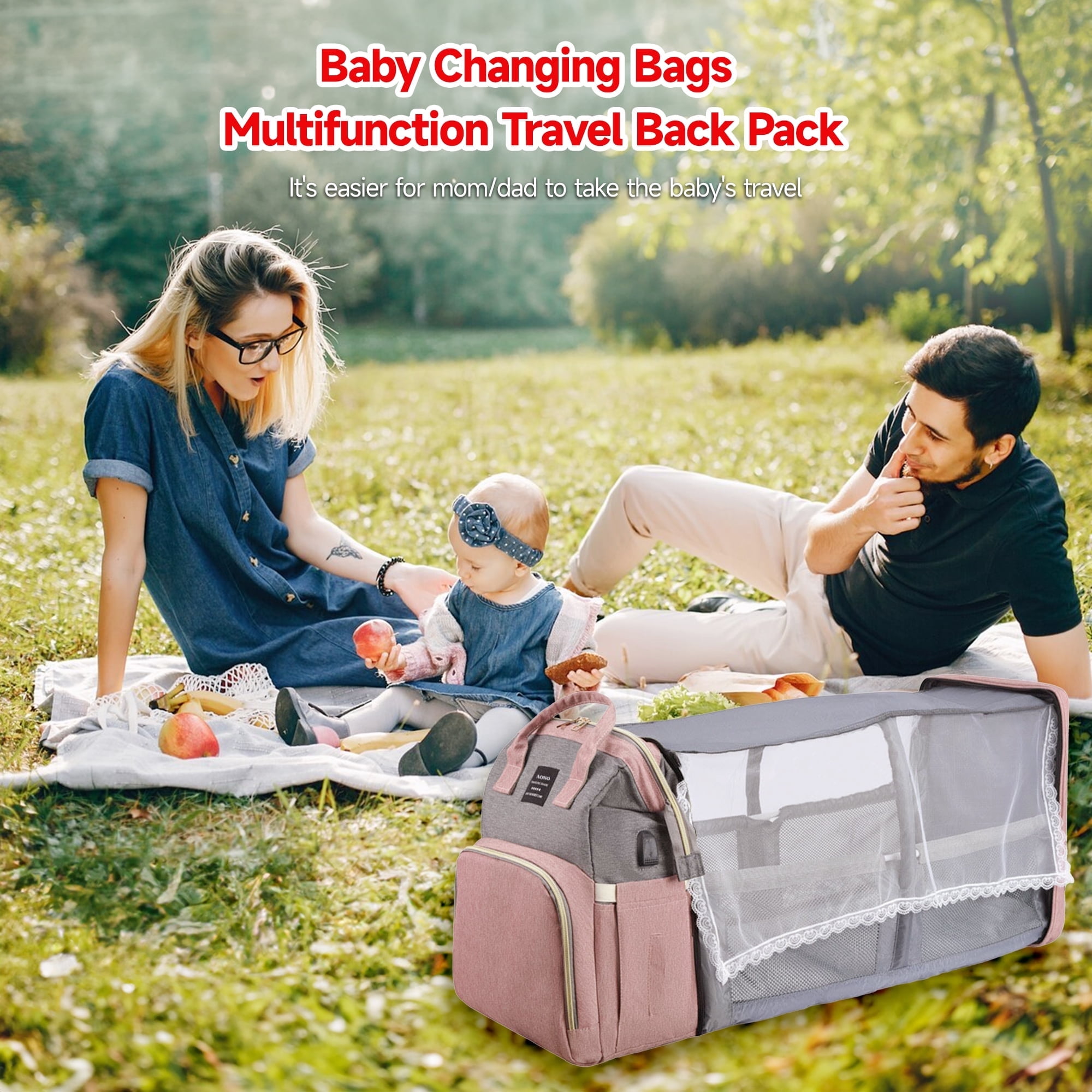 Anoak Baby Diaper Bag Backpack with Changing Station, Large Capacity Baby Bag, Waterproof Travel Backpack with USB Charging Port, Stroller Straps , Baby Shower Gifts