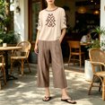 thumbnail image 6 of IUYRTFE Women's Embroidered Short Sleeve Top and Cropped Pants Set with Pockets Cotton Linen Blend Casual Two Piece Outfit, 6 of 7