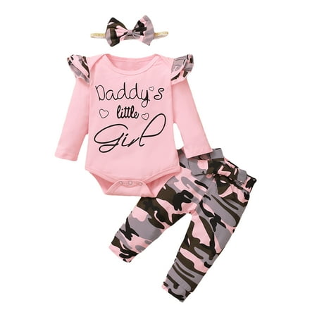 

Infant Baby Girls Spring and Autumn Long Sleeve Pants Set Versatile Solid Round Neck Letter Print Flying Sleeve Romper Fashion Camouflage Print Pants with Hairband Girls Casual Set