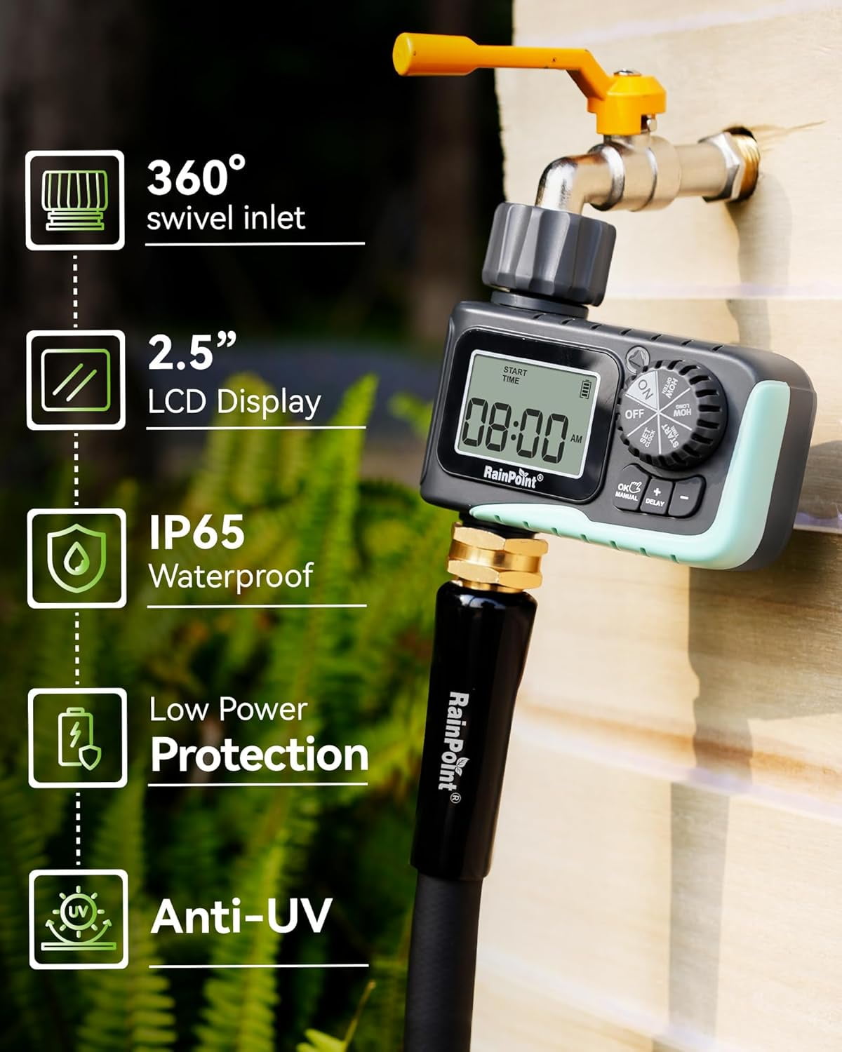 Nordic Hygge Programmable Water Timer for Garden Hose with Rain Delay/Manual/Automatic Watering System