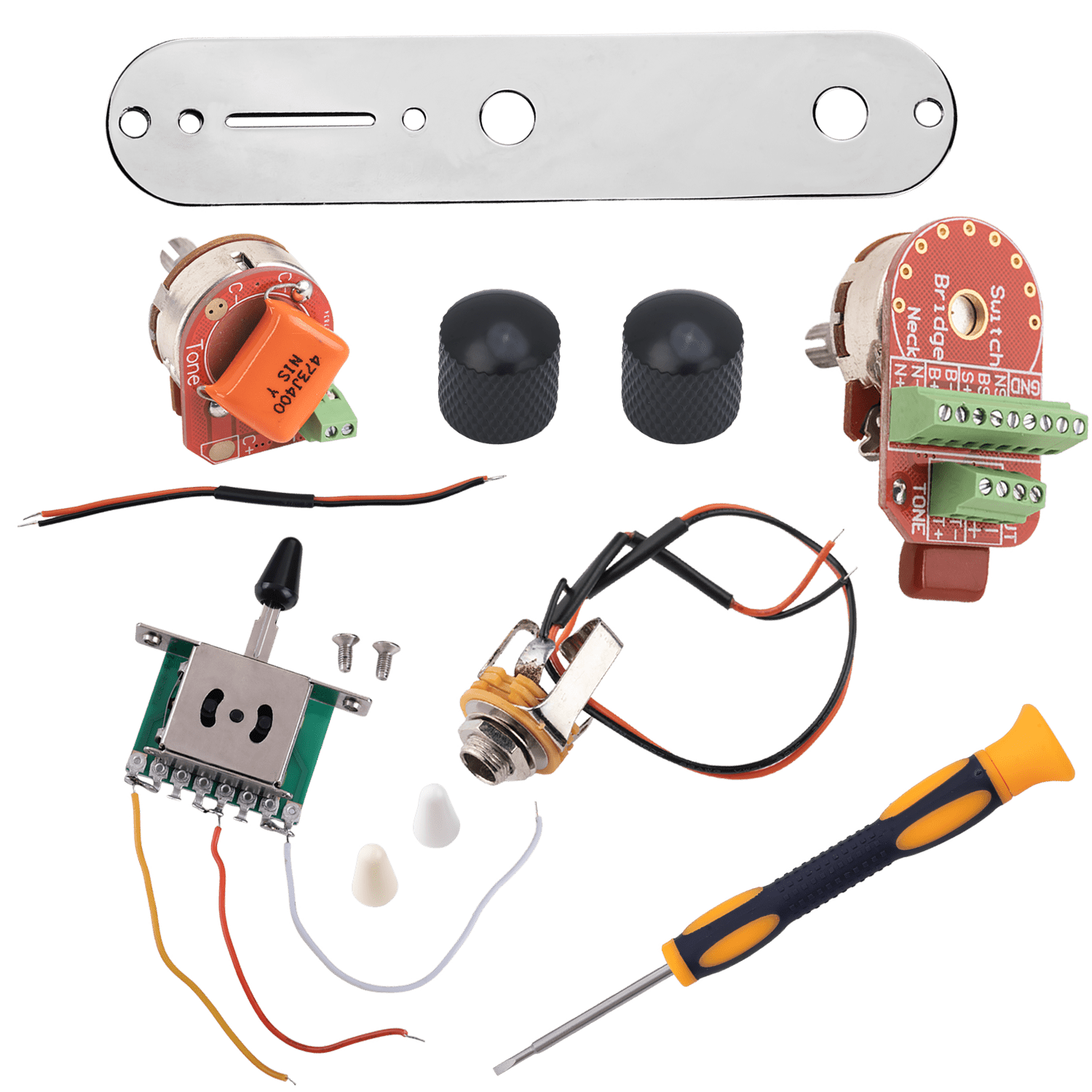 LOOKSEVEN Solderless Pre-Wired Control Plate Kit with 3-Way Switch, Aluminum Shaft Pot (1 Volume 1 Tone) Wiring Harness Easy Plug & Play Upgrade with Treble-Bleed Circuit for Telecaster Guitars