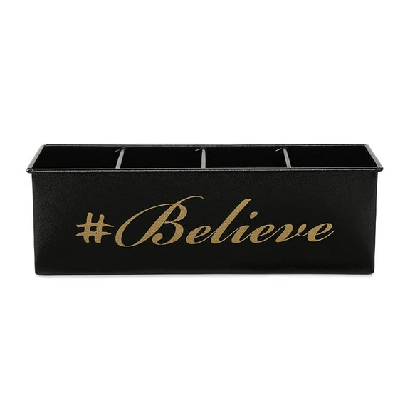 Dudki Believe Printed Desk Organizer 4 Compartments Decorative Pen Pencil Holder for Vanity Kit Travel Box Makeup Box Cosmetic Storage Box Knife Holder Spoon Holder(Black)
