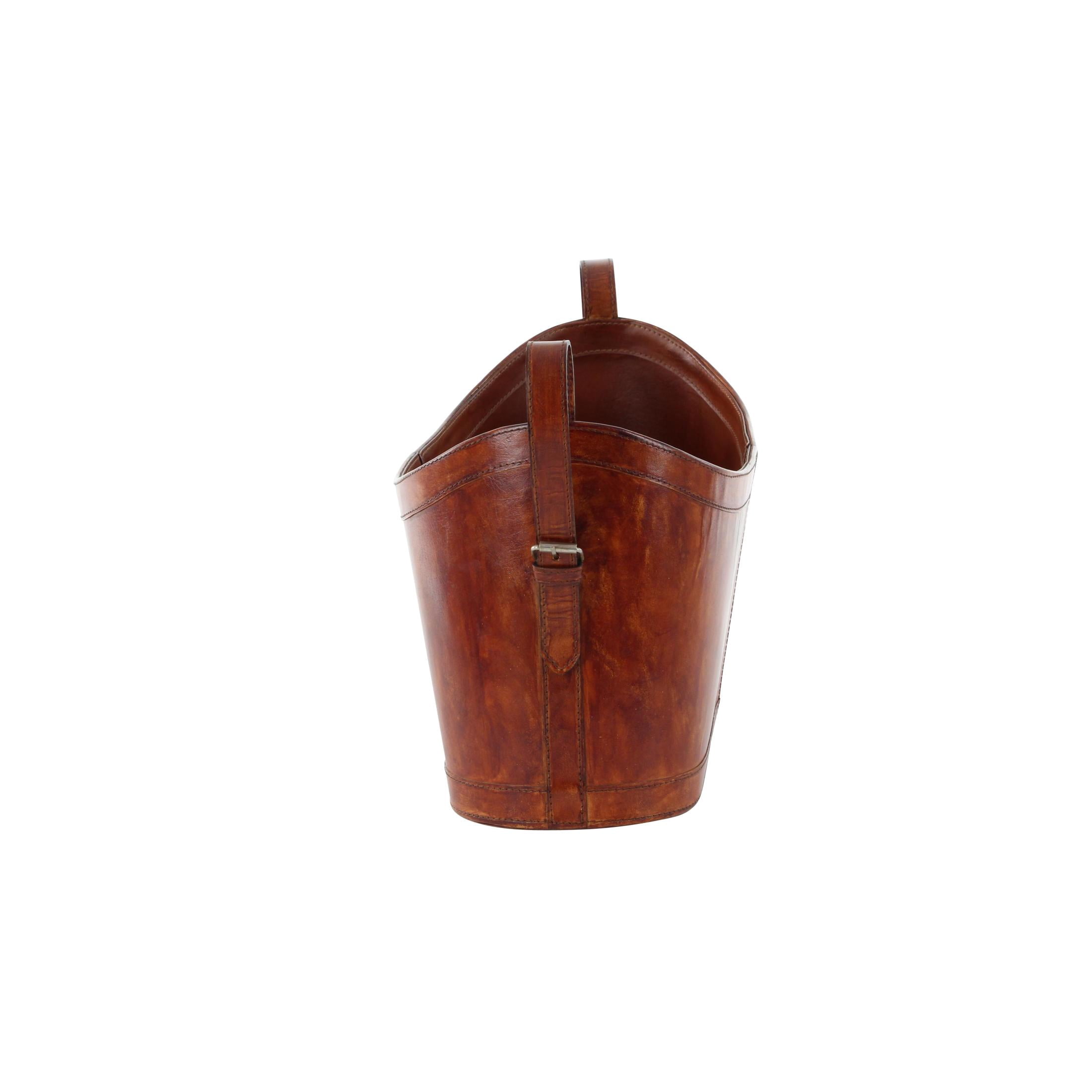 DecMode 12" Brown Leather Handmade Curved Box Style Single Slot Magazine Holder with Buckle Handles