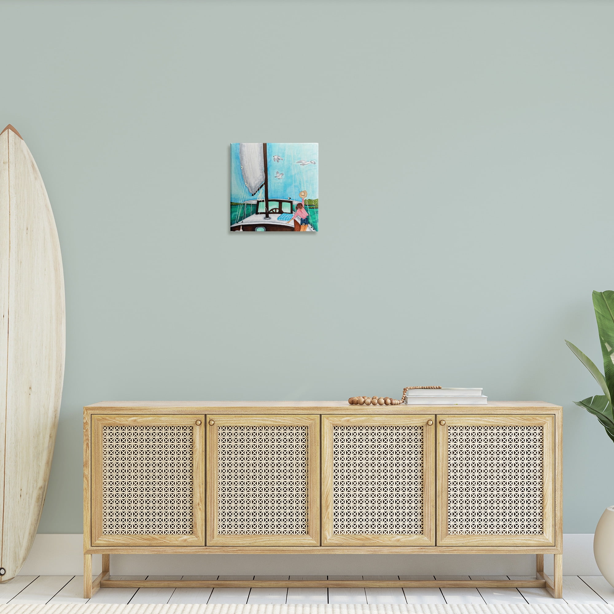 Stupell Industries Girl on Boat Scene Transportation Painting Gallery Wrapped Canvas Art Print Wall Art, 17 x 17