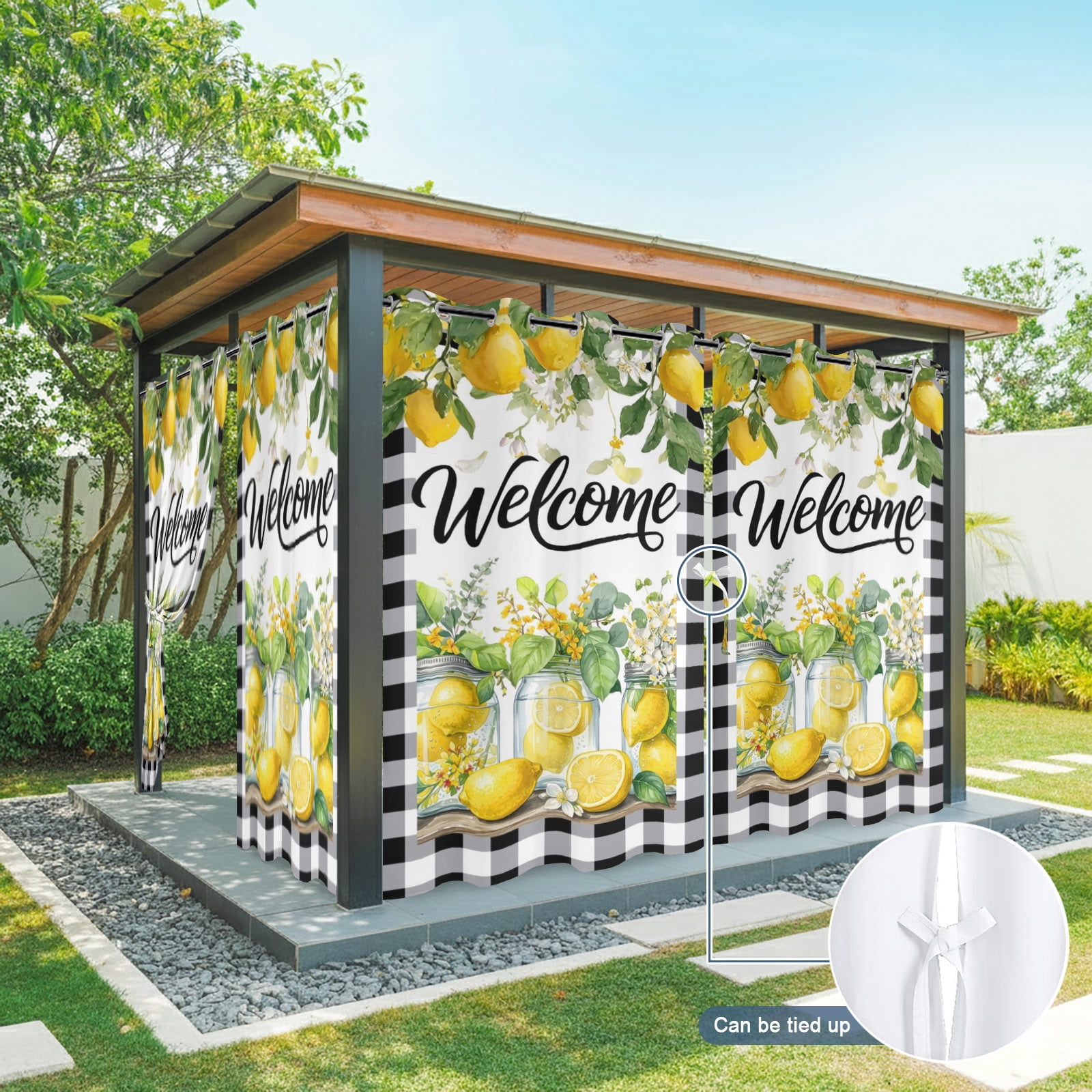 Yellow Lemons Outdoor Curtains for Patio, Welcome Summer Fruit Flower Botanical Black Plaid Sunshade Privacy Drapes Grommet Waterproof Outside Curtains for Porch/Cabana/Balcony 54"x 108", 1 Panel