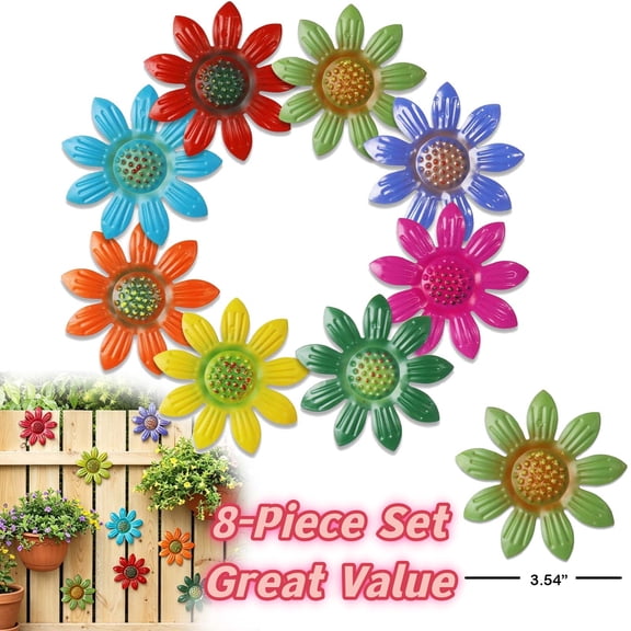 8Pcs Metal Flowers Outdoor Decor, Iron Daisys Wall Decor, Garden Decor, Art Hanging Decorations, Daisys Ornament for Outdoor Fence, Garden Yard Patio Decor, Gift for Mom Friends