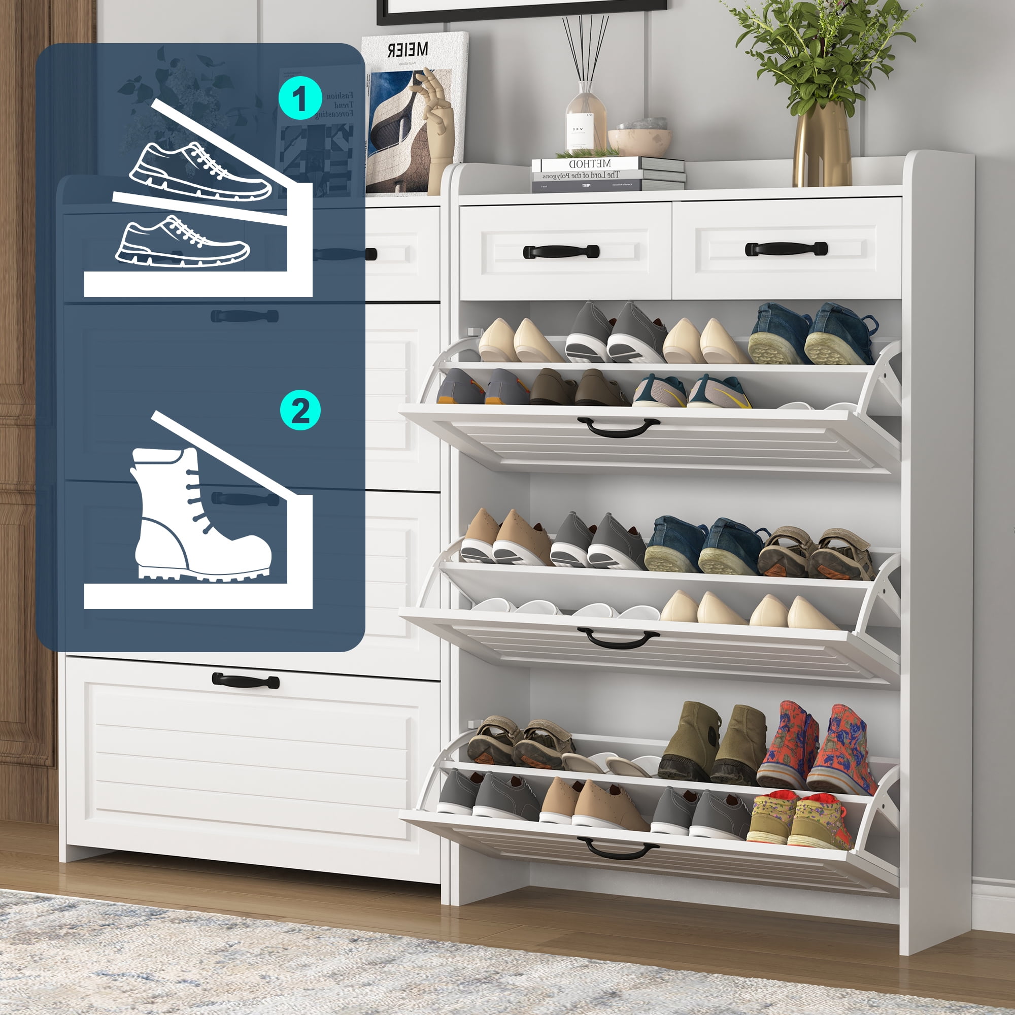 Kadyn Shoe Rack with 3 Doors, Shoe Organizer, White Shoe Cabinet with 2 Drawers, Shoe Storage Cabinet for Living Room, Hallway, Entryway
