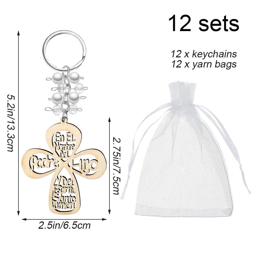 Slccxzc 12Pcs Baptism Cross Wooden Keychains with Organza Gift Bags, Christening Favors