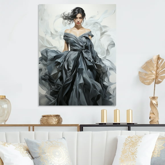Designart "Vintage Couture Chic Grey Woman Portrait" Balenciaga Metal Wall Art, Grey Metal Wall Decor, Glam Metal Art Decor For Hallway - 24x32 Inch